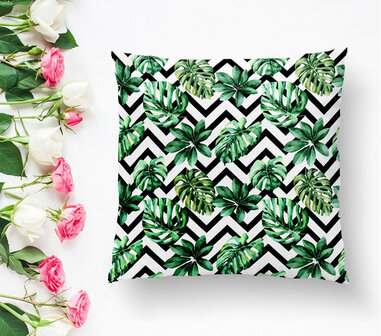 Sierkussen zigzag groene palmbladen uniek ontwerp - Kussens woonkamer - Binnen of Buiten decoratie sierkussens - afmeting 45x45cm