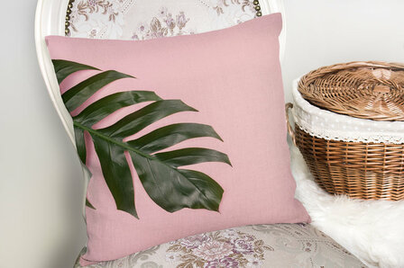 Decoratieve woonkamer sierkussen stijlvolle groen blad op roze achtergrond - kussens woonkamer vierkant - Binnen of buiten kussens 45x45cm