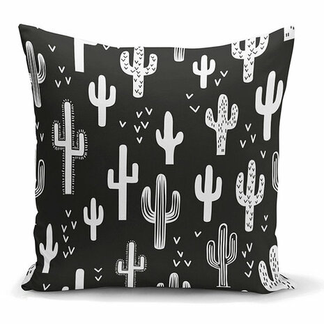 Woonkamer decoratieve sierkussen zwarte en wit cactus - Kussens woonkamer - Aan beide zijdig bedrukt - 45x45cm