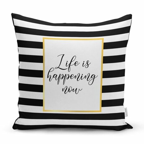 Decoratieve sierkussen Life is happening now zwart en wit lijn  - Kussens woonkamer - Binnen of Buiten decoratie sierkussens -45x45cm afmeting