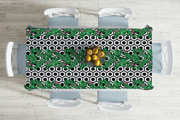 Zijou tafelkleed zwarte ontwerp met groene bladeren- wasbaar -140x180cm