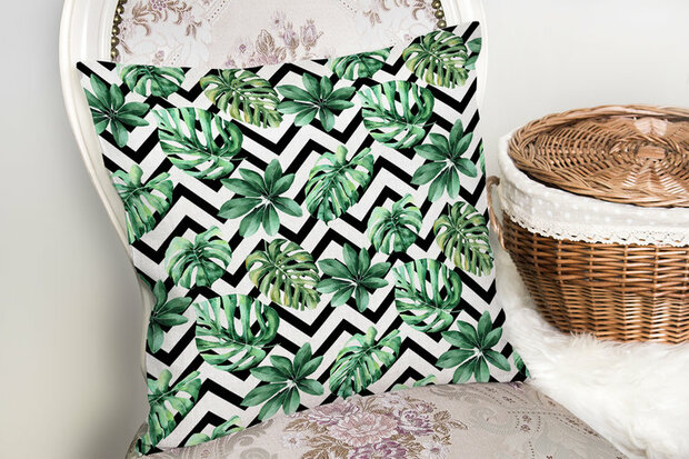 Sierkussen zigzag groene palmbladen uniek ontwerp - Kussens woonkamer - Binnen of Buiten decoratie sierkussens - afmeting 45x45cm