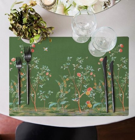 Zijou Placemats Groen Bloemen linnen set van 4 - 35x50 cm
