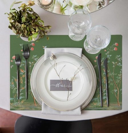 Zijou Placemats Groen Bloemen linnen set van 4 - 35x50 cm