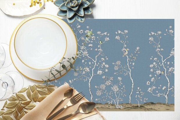 Zijou Placemats Blauw Bloemen linnen set van 4 - 35x50 cm