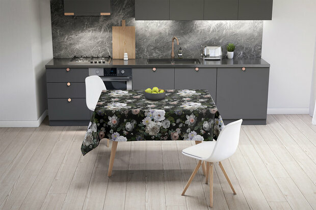 Zijou Tafelkleed Zwarte bloemen - Linnen stof 160x220 cm